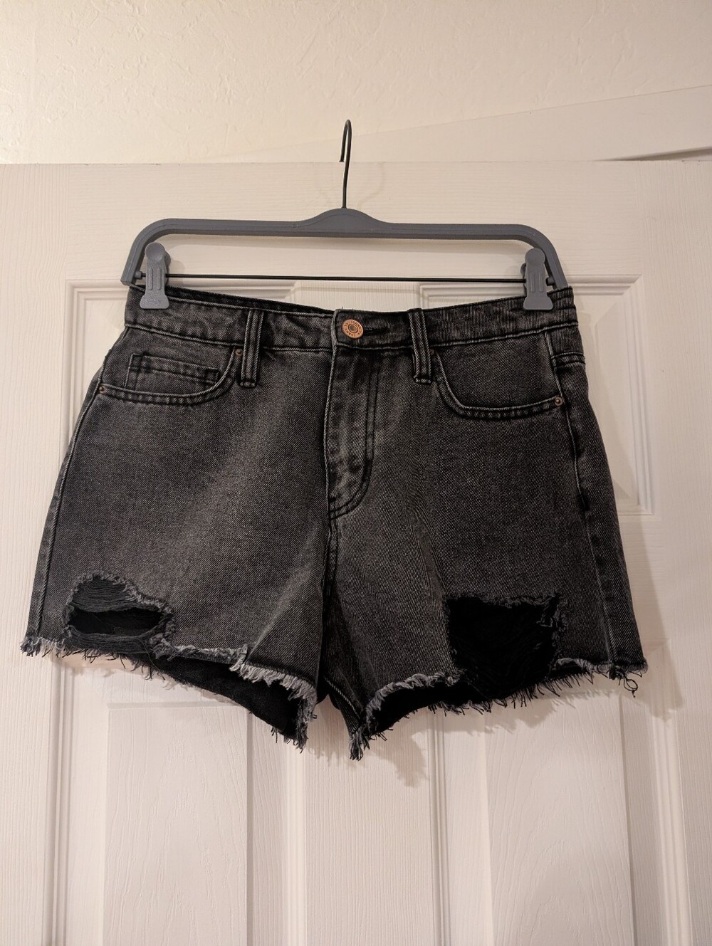 YMI Women's Black Distressed High-Rise Denim Shorts